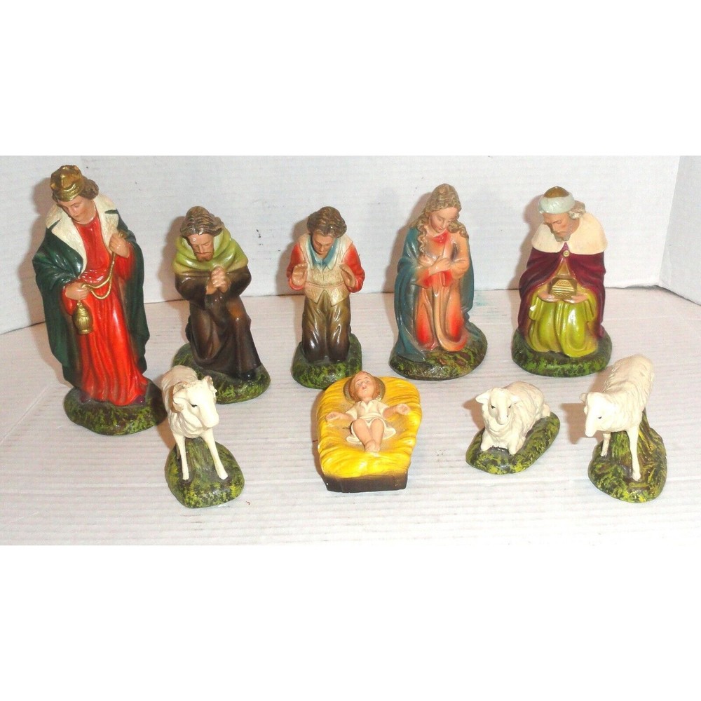 Lot of 9 Vintage Chalkware Nativity Set Figures Brit Zone Germany PLEASE READ